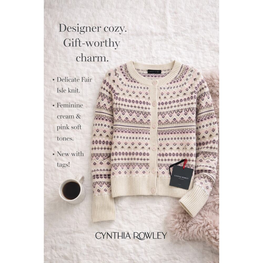 Cynthia Rowley NWT‎ Fair Isle Cardigan Sweater  Pink Button Front Cozy Knit Med